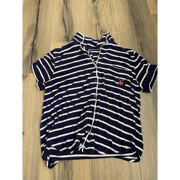 Kate Spade M Pajama Set Coordinating Shirt Cropped Pants French Bulldog Stripe - Picture 2 of 8